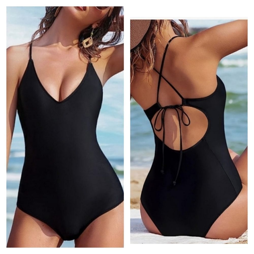 Ekouer Black V-neck Strappy Crossback One-piece Swimsuit